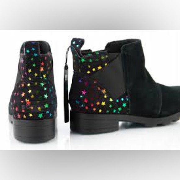 Sorel Youth Emelie Chelsea Booties Girl's Black Suede Rainbow Stars - Picture 2 of 10